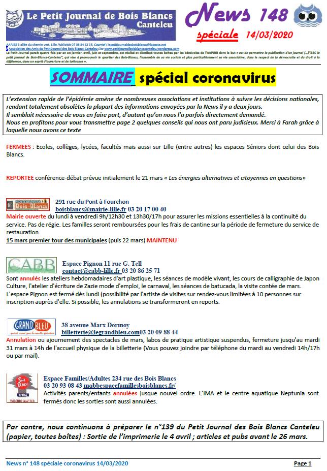 news 148 2020 03 14 P1 spéciale coronavirus
